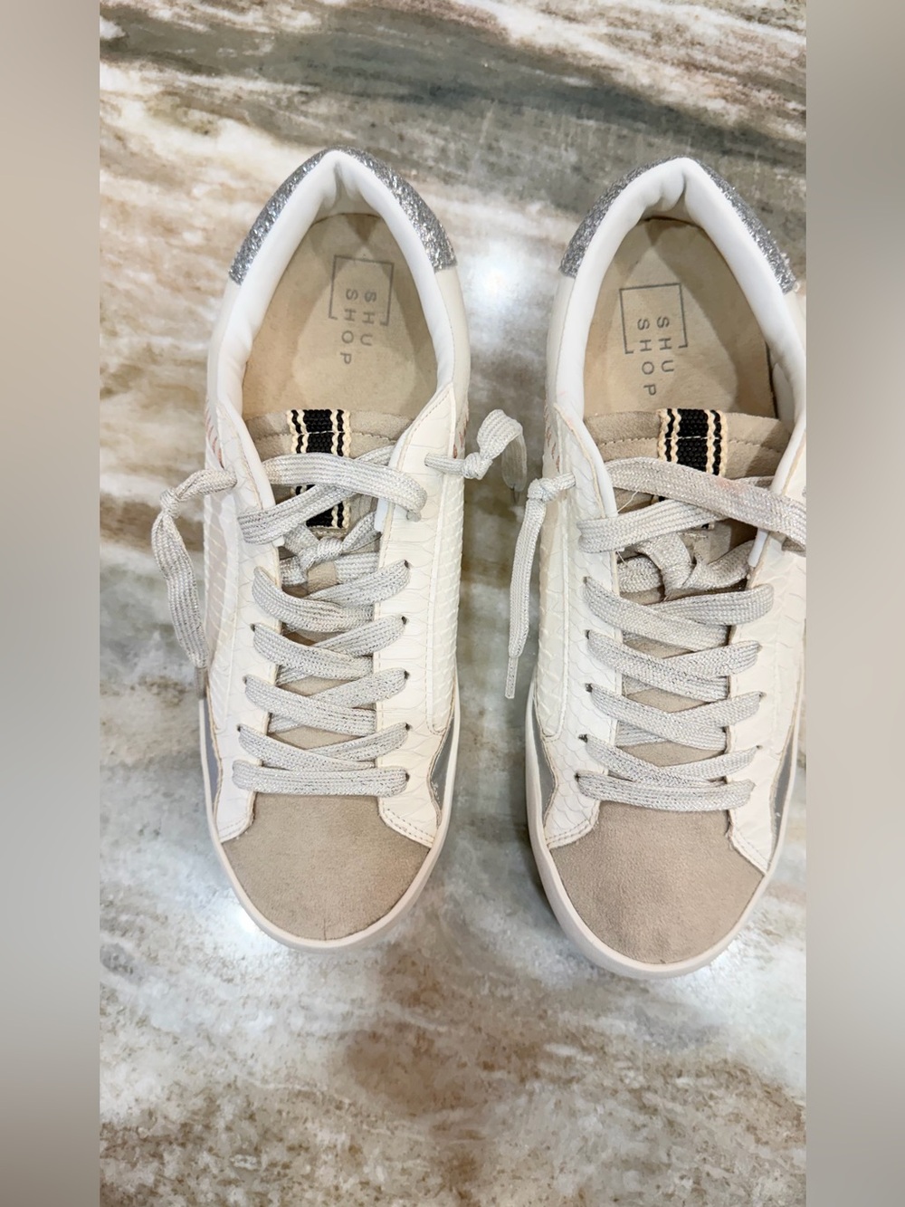Shu Shop NeutralSuede & White Low-Top Sneakers with Silver Glitter Accents